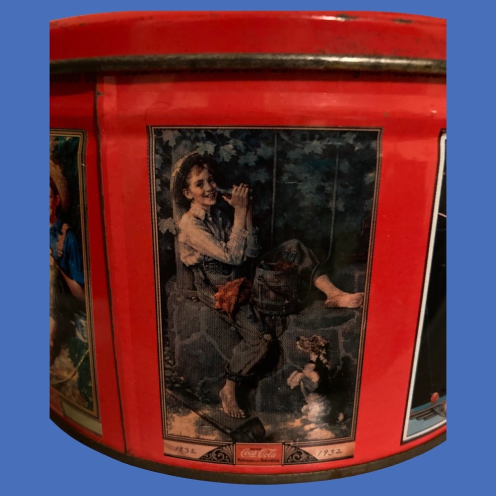 COCA-COLA TIN • Red with Scenes of Boys Fishing & Dogs • Collectible • Vintage